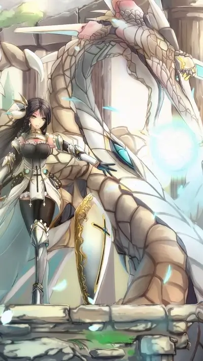 Knight and dragon in ancient ruins