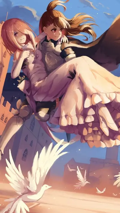 Knight carrying princess, castle backdrop, doves