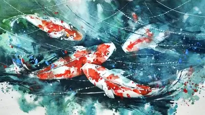 Koi fish watercolor painting in shades of teal, red, white