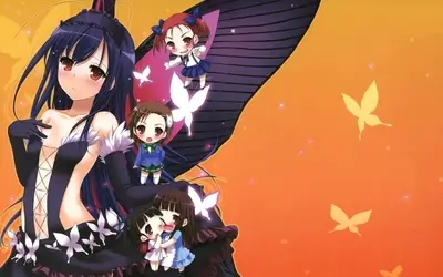 Kuroyukihime with butterfly wings surrounded by chibi characters on orange background