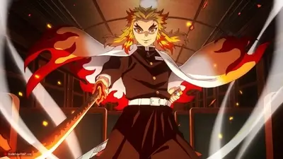 Kyojuro Rengoku holding a sword inside the Mugen Train with fire effects and a patterned cape