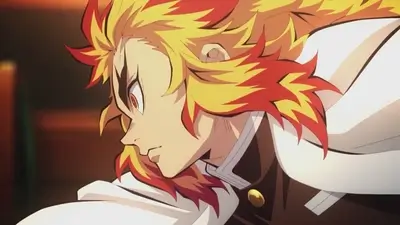 Kyojuro Rengoku with flame patterned hair in an intense side profile
