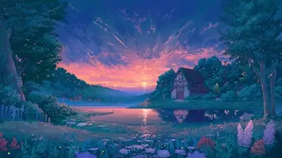 Lakeside house surrounded by blooming flowers at glowing sunset
