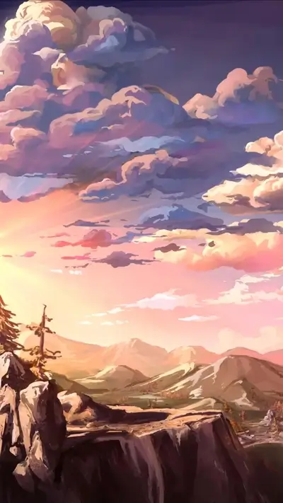 Landscape featuring mountains, rocky cliffs, and vibrant sky filled with colorful clouds.