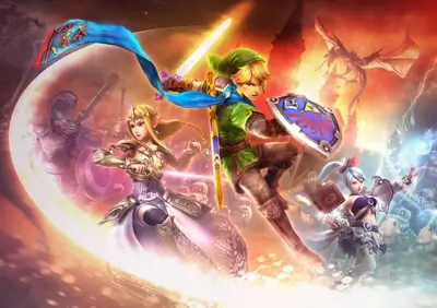 Legend of Zelda characters facing hordes with dragon in background