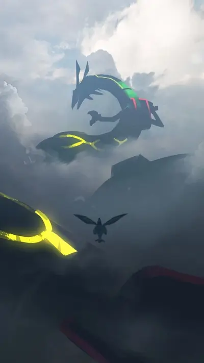Legendary Pokemon soaring through cloudy skies