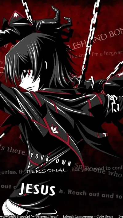 Lelouch Lamperouge in dark attire, chains, red background