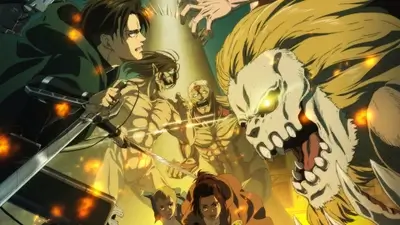 Levi Ackermann fighting alongside titans amidst glowing embers
