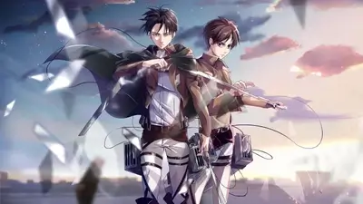 Levi and Eren standing together holding swords against a twilight sky