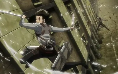 Levi wielding dual swords during mid air city battle