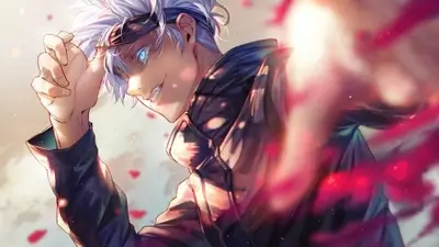 Lifting blindfold while showcasing a glowing blue eye and smirk