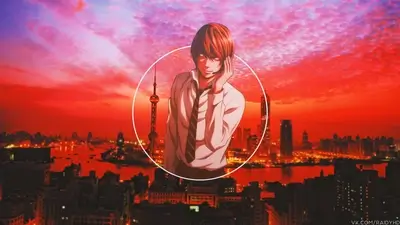 Light Yagami in a city at sunset