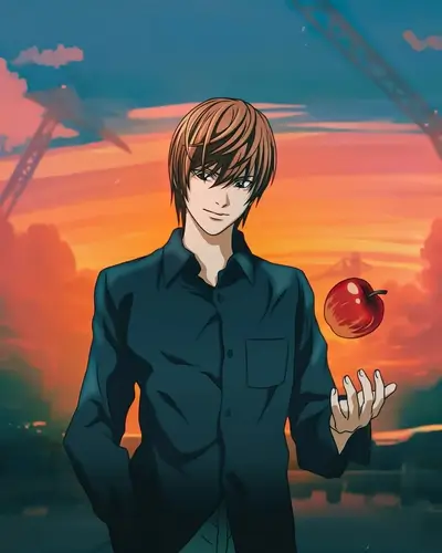 Light Yagami with an apple at sunset