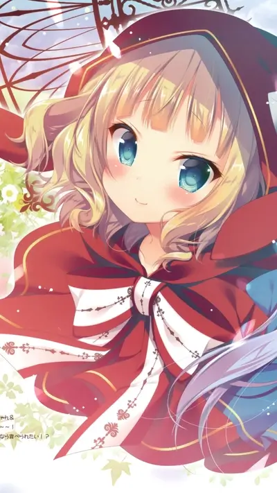 Little girl in red hood, light hair and blue eyes