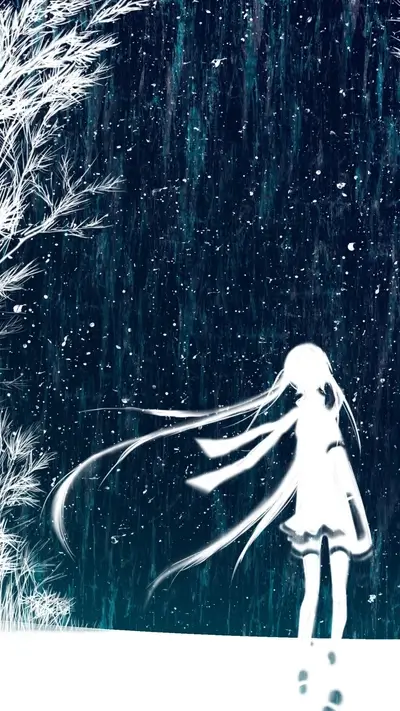 Lone figure bathed in snow, standing in a dreamy winter landscape