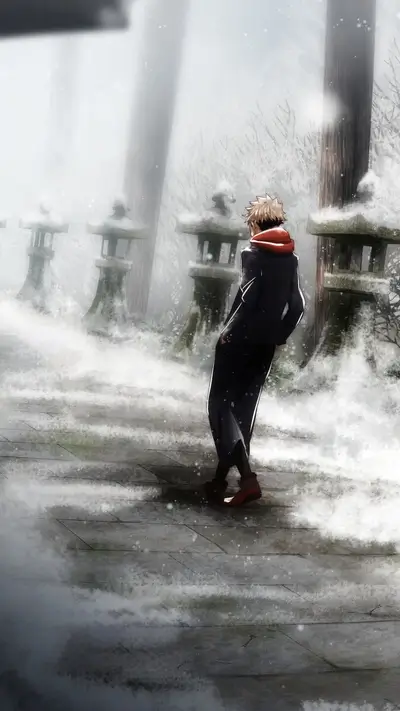 Lone figure in snowy landscape, ancient structures