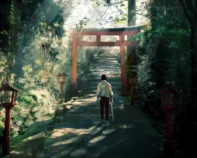 Lone figure walking towards a torii gate in a forest