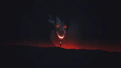 Lone warrior facing a colossal dragon