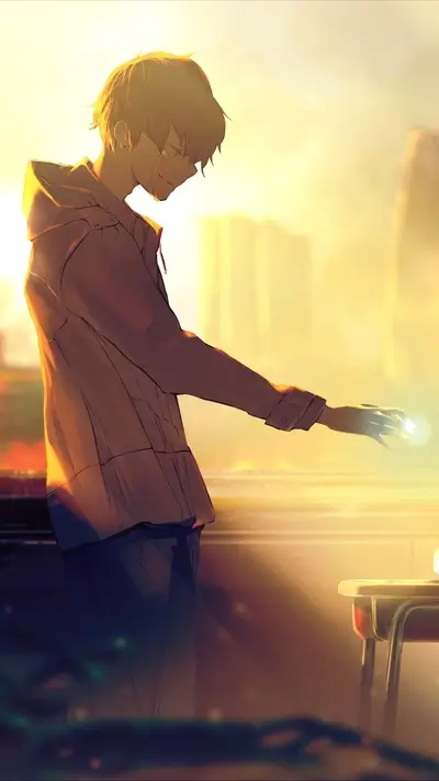 Lonely boy in a sunset city