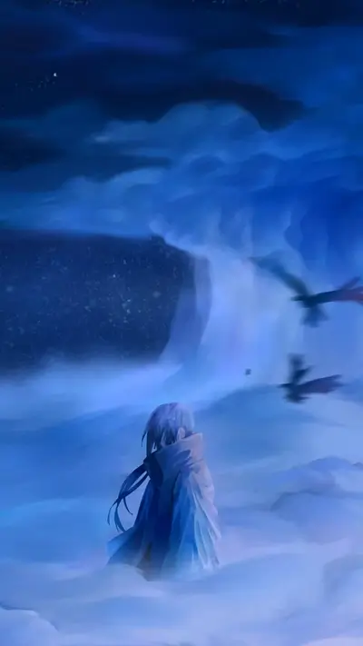 Lonely figure in a blue, snowy landscape