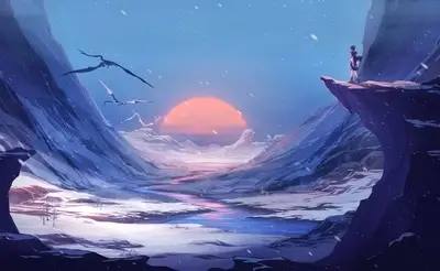 Lonely figure on a cliff overlooking a snowy valley