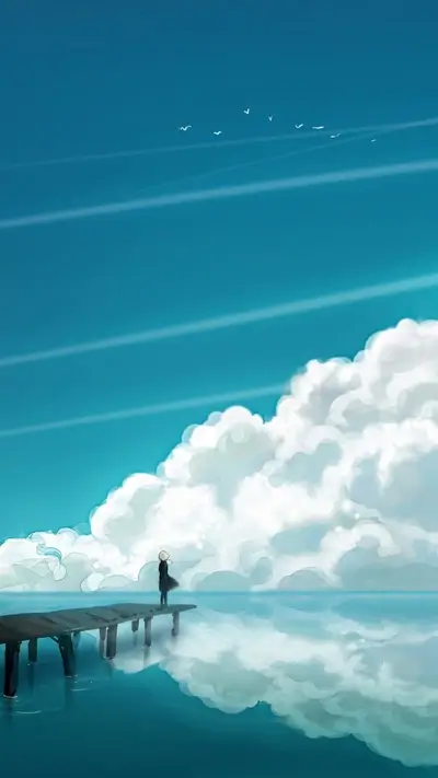 Lonely figure on a pier overlooking a vast expanse of water and clouds