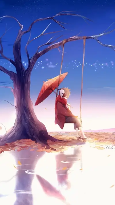 Lonely figure on a swing under a bare tree