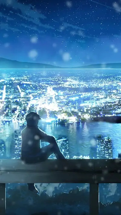 Lonely figure overlooking a glittering city at night
