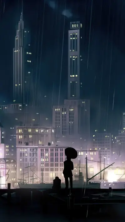 Lonely figure under umbrella in rainy city night