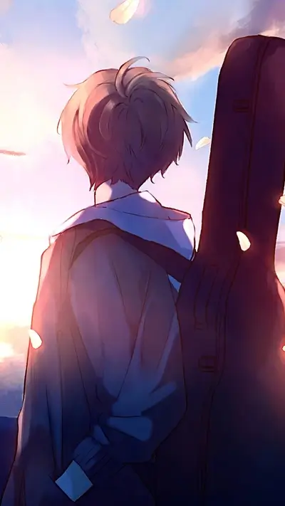 Lonely figure with a guitar case, sunset background