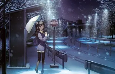 Lonely girl, rainy evening at bus stop, snow falling