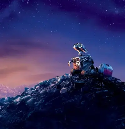 Lonely robot on a trash mountain under a starry sky
