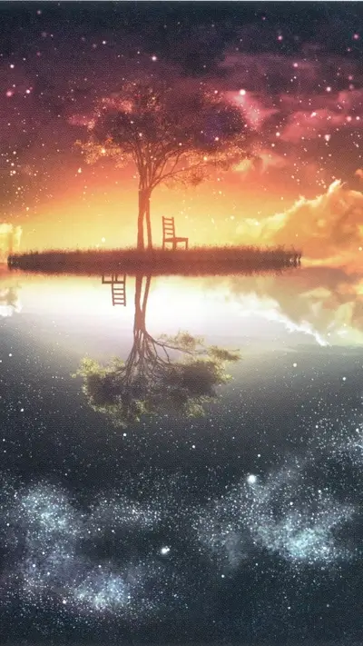 Lonely tree on an island reflecting in a still lake under a starry sky