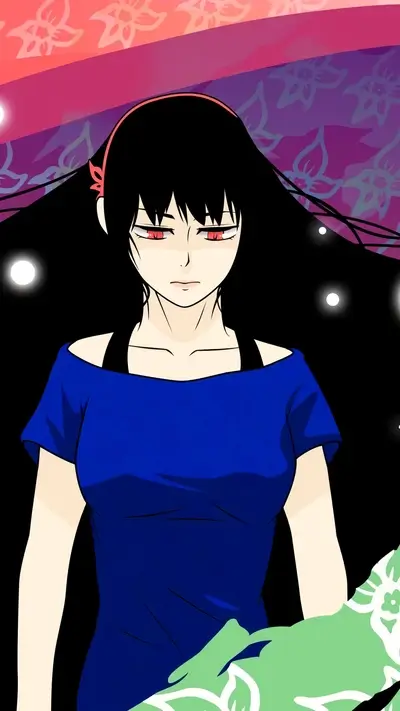 Long black-haired girl stares ahead with a determined look