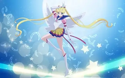 Long blonde hair, white winged costume, glowing blue background