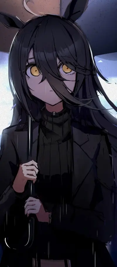 Long dark hair, bunny ears, and holding an umbrella
