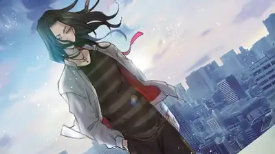 Long dark haired character standing against city skyline under light sky
