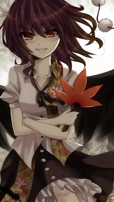 Long haired anime girl with sharp teeth, holding red maple leaf