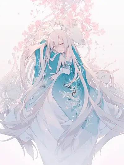 Long-haired girl draped in blue, surrounded by pale bones and cherry blossoms.