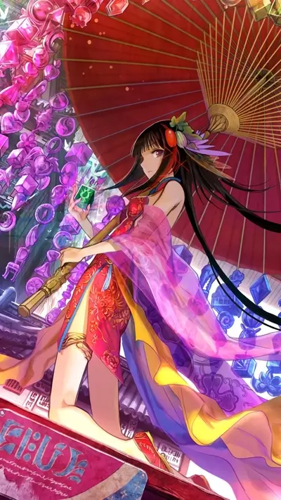 Long-haired girl holding green cube under red umbrella, surrounded by colorful decorations