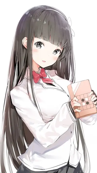 Long-haired girl in school uniform holding a board game