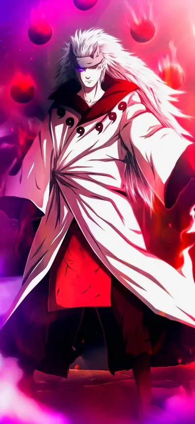 Long-haired warrior with Rinnegan eyes and floating orbs, powerful presence