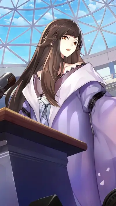 Long-haired woman in purple dress at lectern in bright, geometric setting.