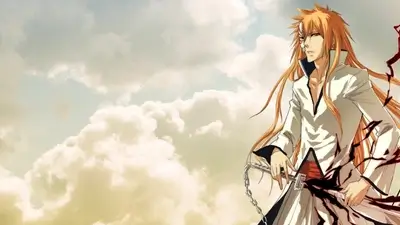 Long orange haired warrior holding sword against cloudy sky