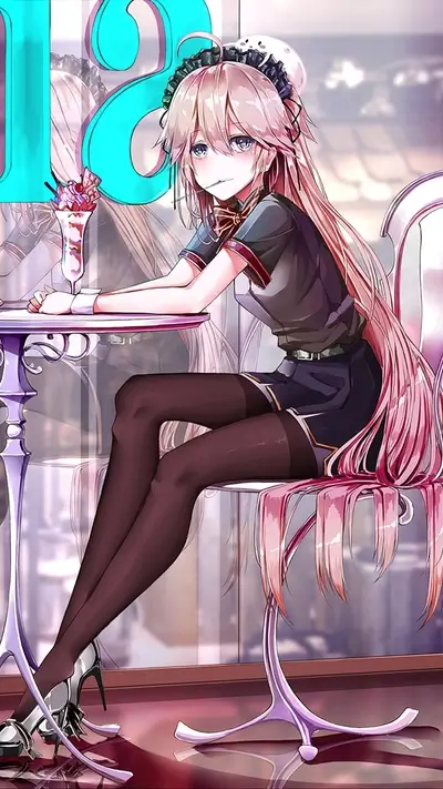 Long pink haired girl at cafe, enjoying a parfait