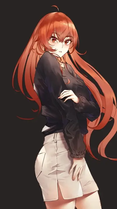 Long red hair anime girl glancing over shoulder, wearing casual outfit