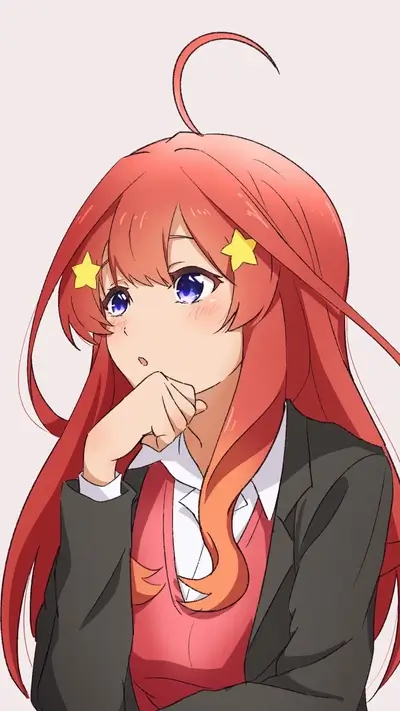 Long reddish-orange hair, blue eyes, wearing school uniform, lost in thought