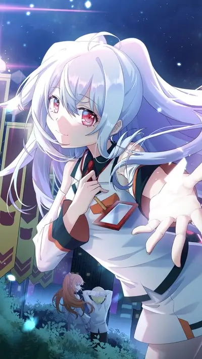 Long white hair, red eyes, cute anime girl reaching a hand.