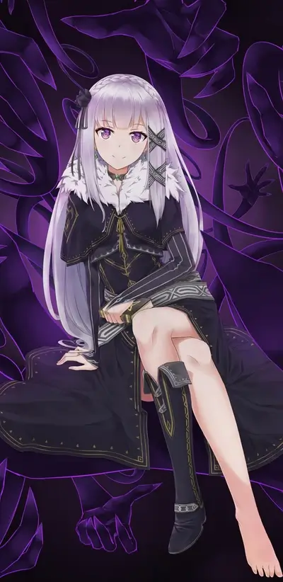 Long white haired woman sits amidst grasping purple shadows