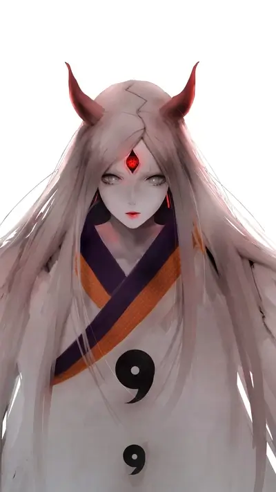Long white-haired woman with horns and third eye